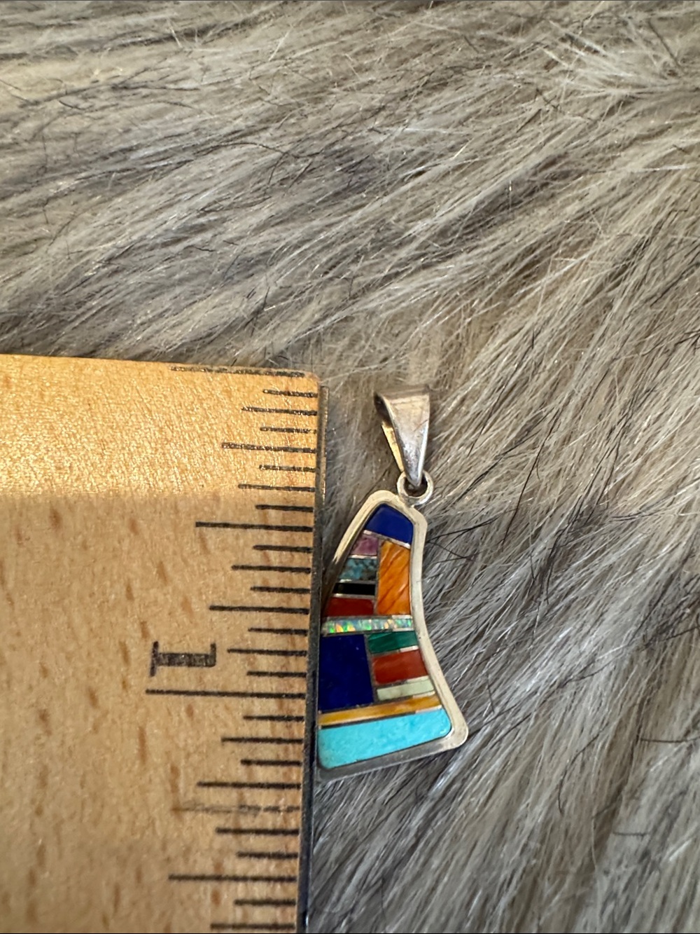 Native American Handcrafted Multi-Color Inlay Silver Pendant - Turquoise, Lapis - Picture 4 of 6